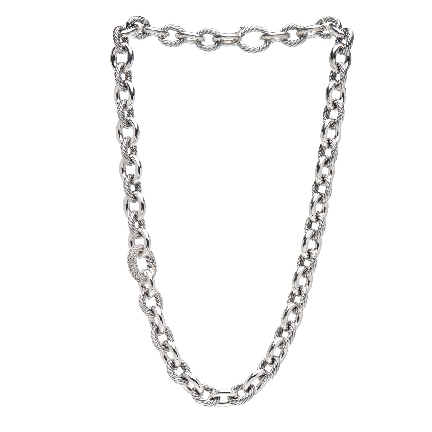 Sterling Silver Diamond Pave 15mm Large Oval Link Necklace
