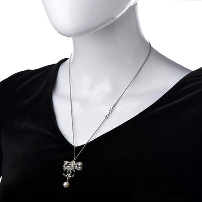 Chanel Crystal Pearl CC Bow Necklace Silver 2 of 5