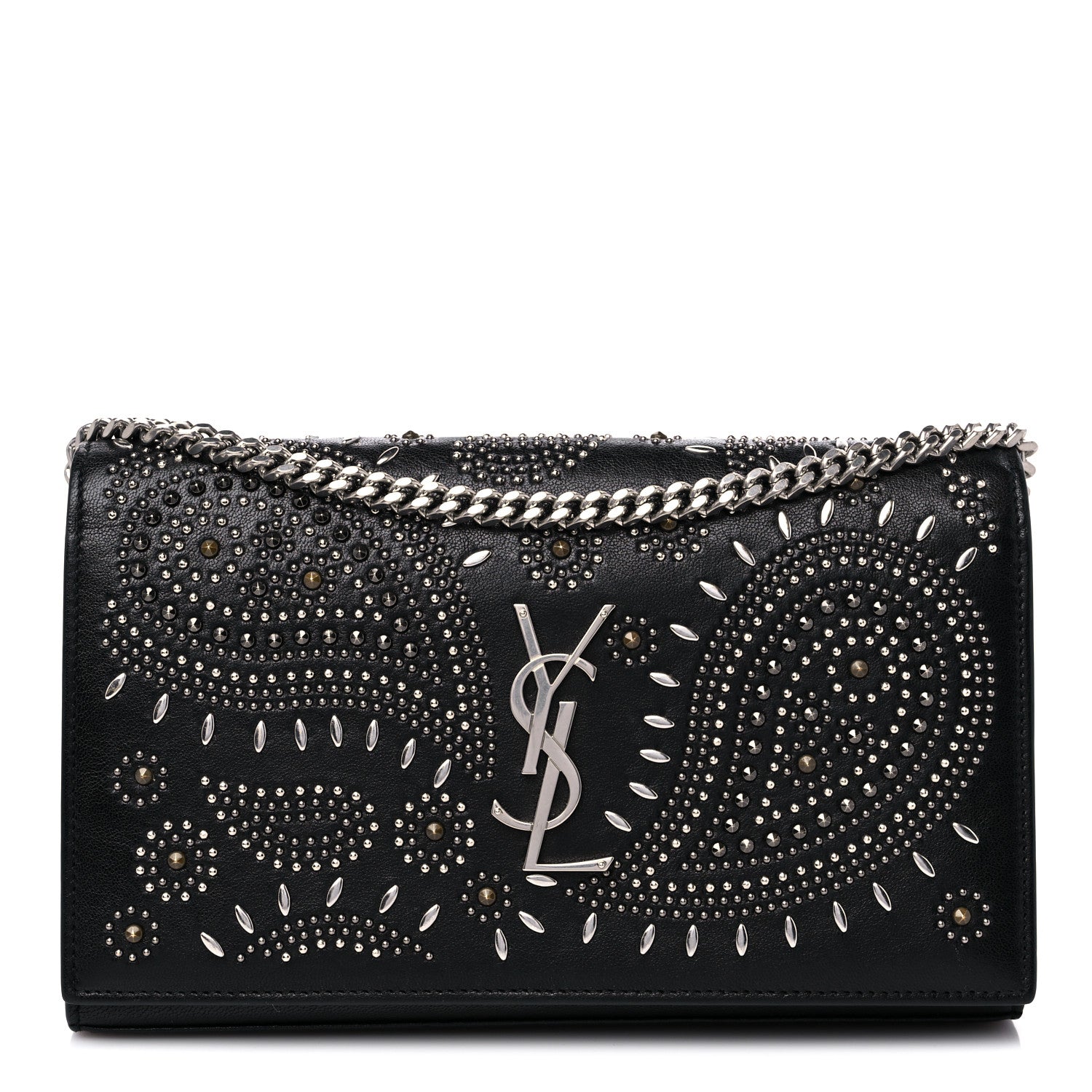 Saint Laurent Lambskin Bandana Studded Monogram Chain Wallet Black 1 of 15