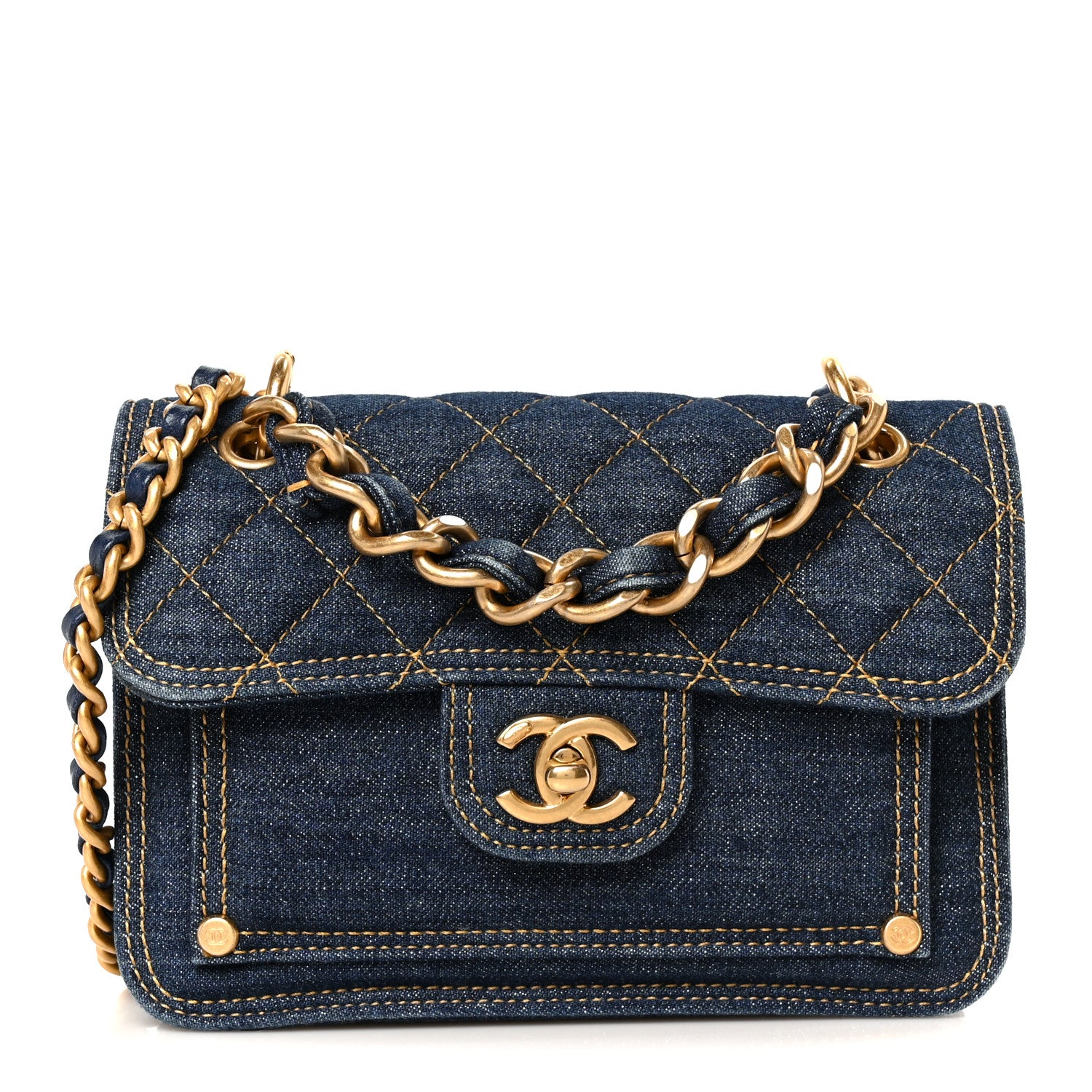 Chanel Denim Quilted Double You Mini Flap  Blue Golden 1 of 12