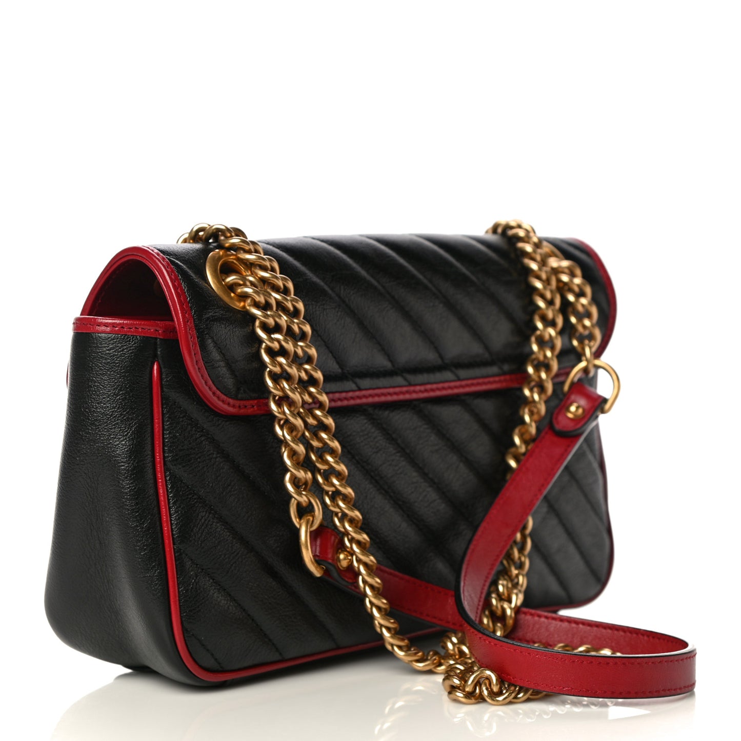 Vintage Effect Calfskin Matelasse Diagonal Small Torchon GG Marmont Shoulder Bag Black Romantic Cherry