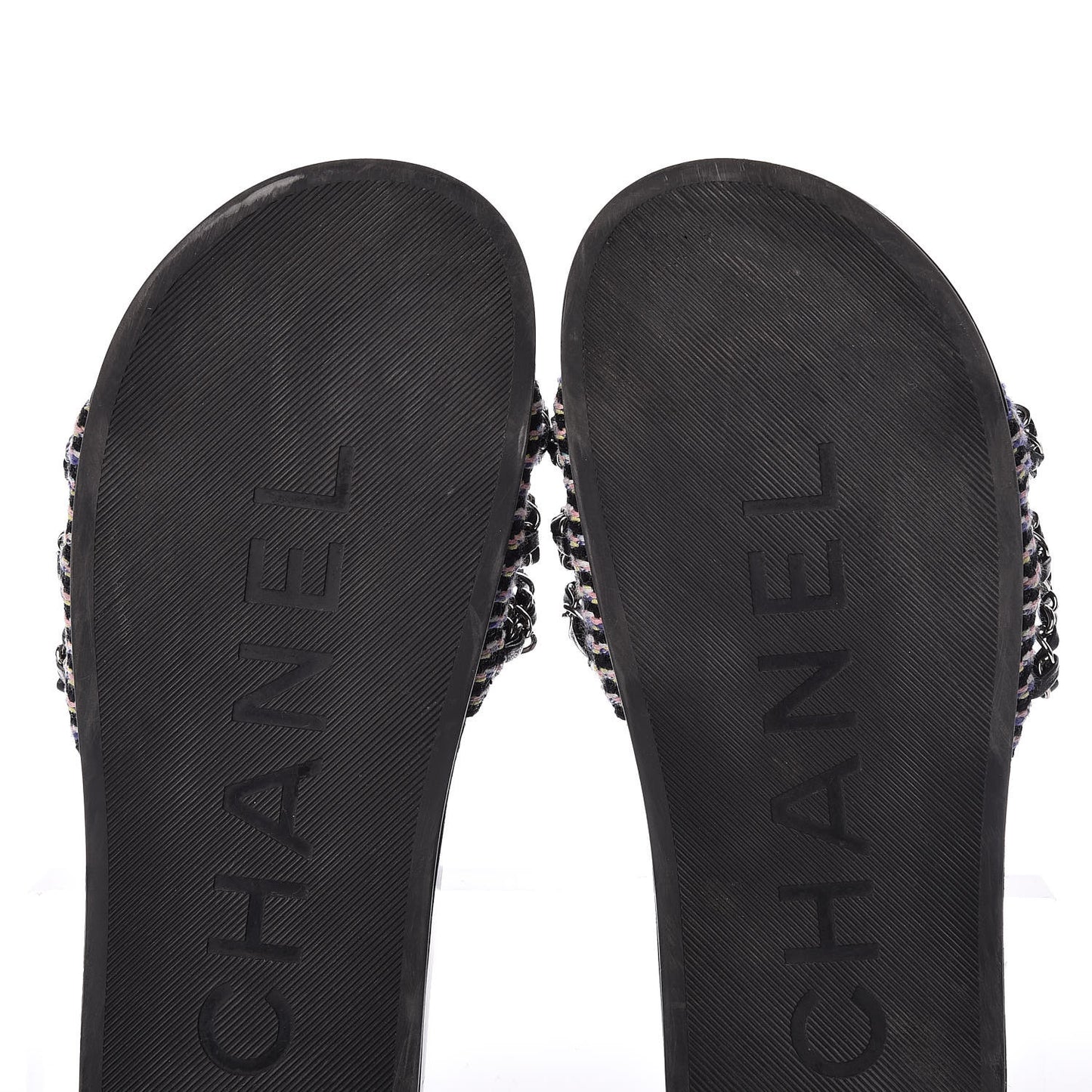 Tweed Lambskin Chain Flat Sandals 37 Black Multicolor