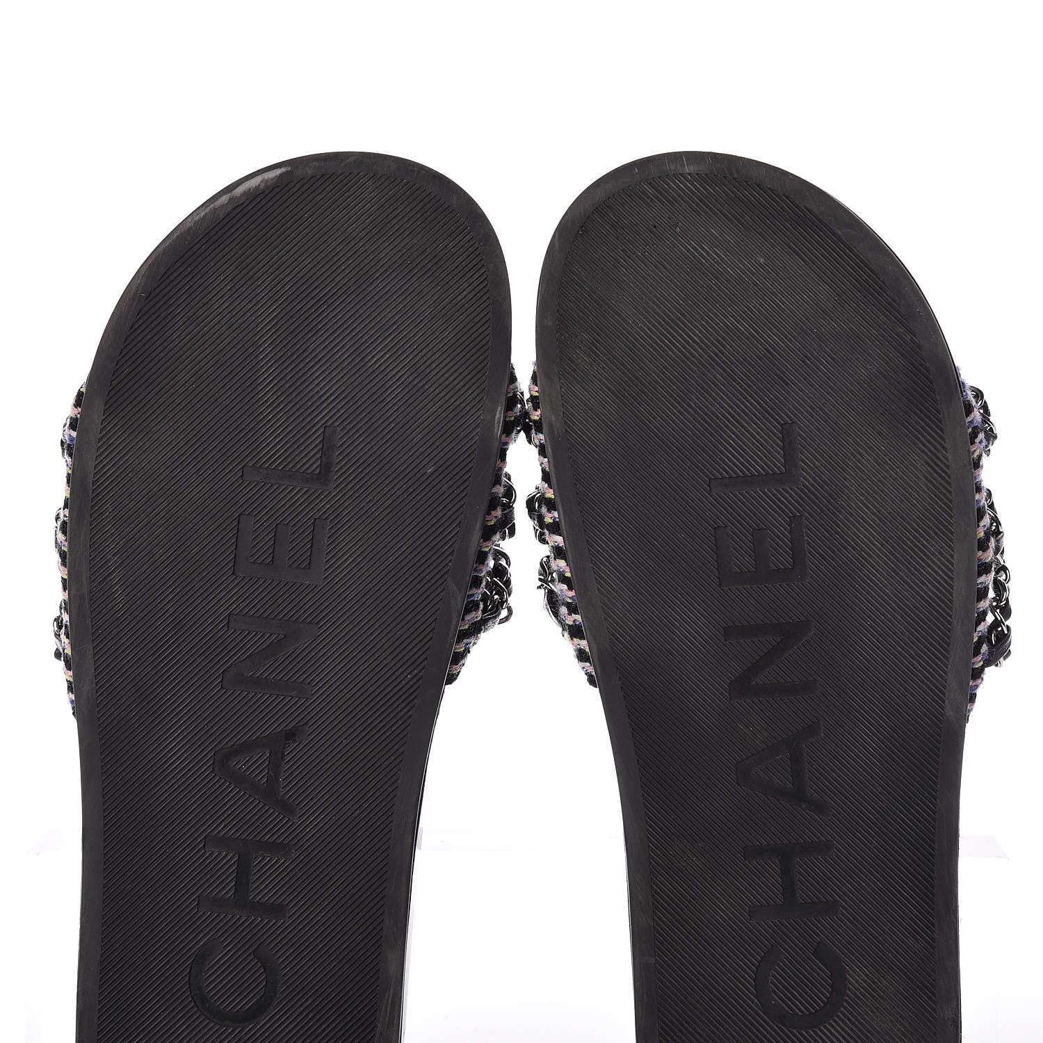 Chanel Tweed Lambskin Chain Flat Sandals 37 Black Multicolor 12 of 12