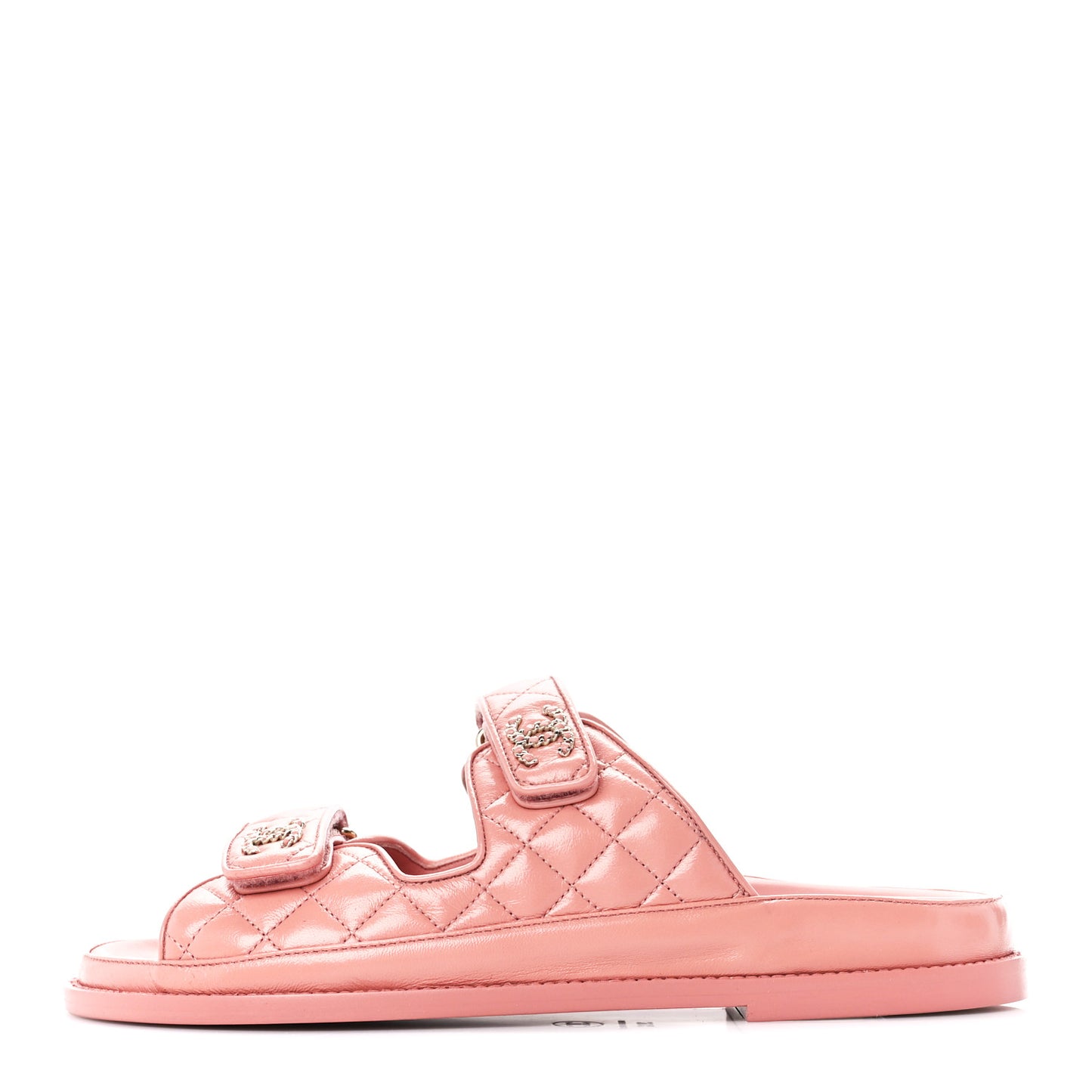 Lambskin Quilted Velcro Dad Chain CC Slide Sandals 39.5 Pink