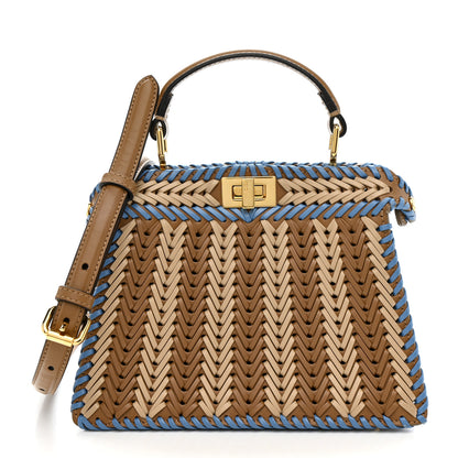 Fendi Vitello King Shiny Nappa Intreccio Petite Peekaboo I SEE U Satchel Sand Beige Blue 1 of 13