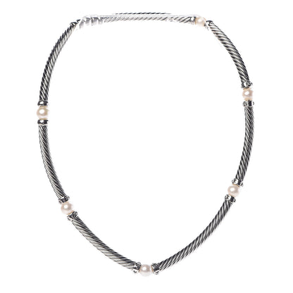 David Yurman Sterling Silver Diamond Pearl Hampton Cable Choker Necklace 1 of 5