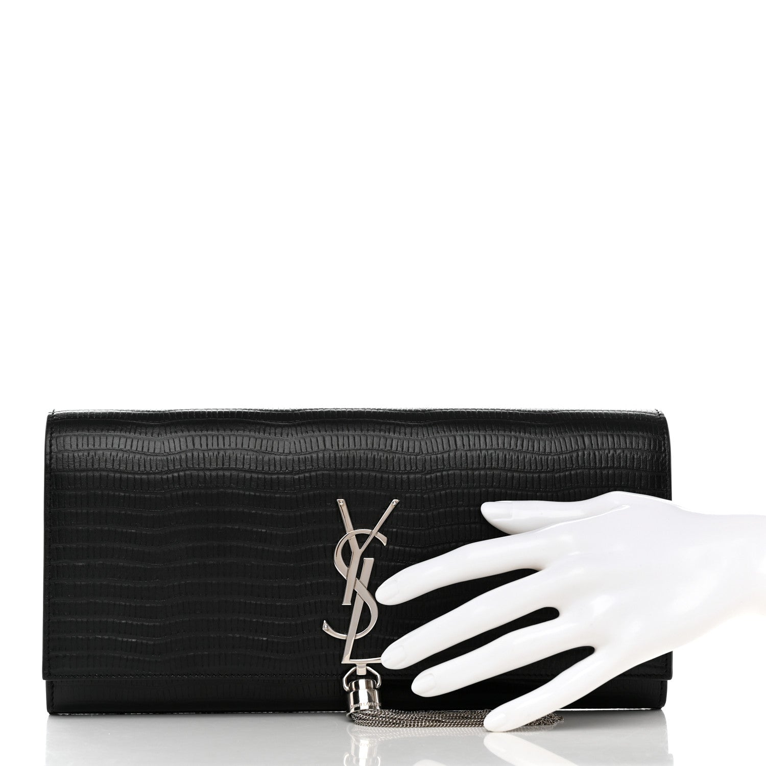 Saint Laurent Calfskin Lizard Embossed Classic Monogram Tassel Clutch Black 2 of 6