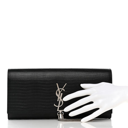 Saint Laurent Calfskin Lizard Embossed Classic Monogram Tassel Clutch Black 2 of 6
