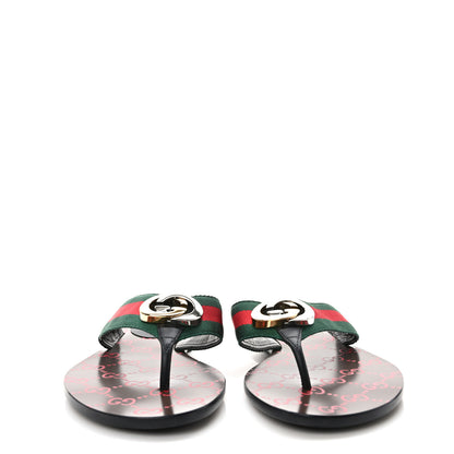 Gucci Nylon Calfskin Web GG Monogram Womens Thong Sandals 39 Green Red Cocoa 2 of 7