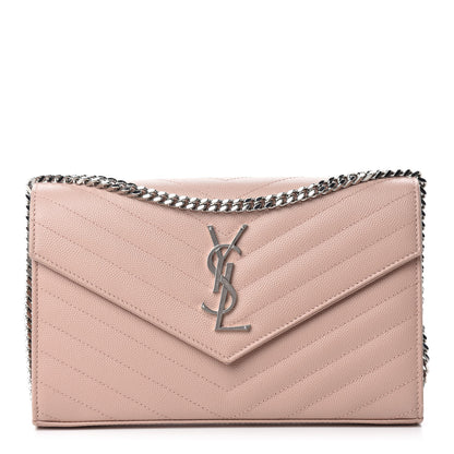 Saint Laurent Grain De Poudre Matelasse Chevron Monogram Chain Wallet Pale Pink 1 of 11