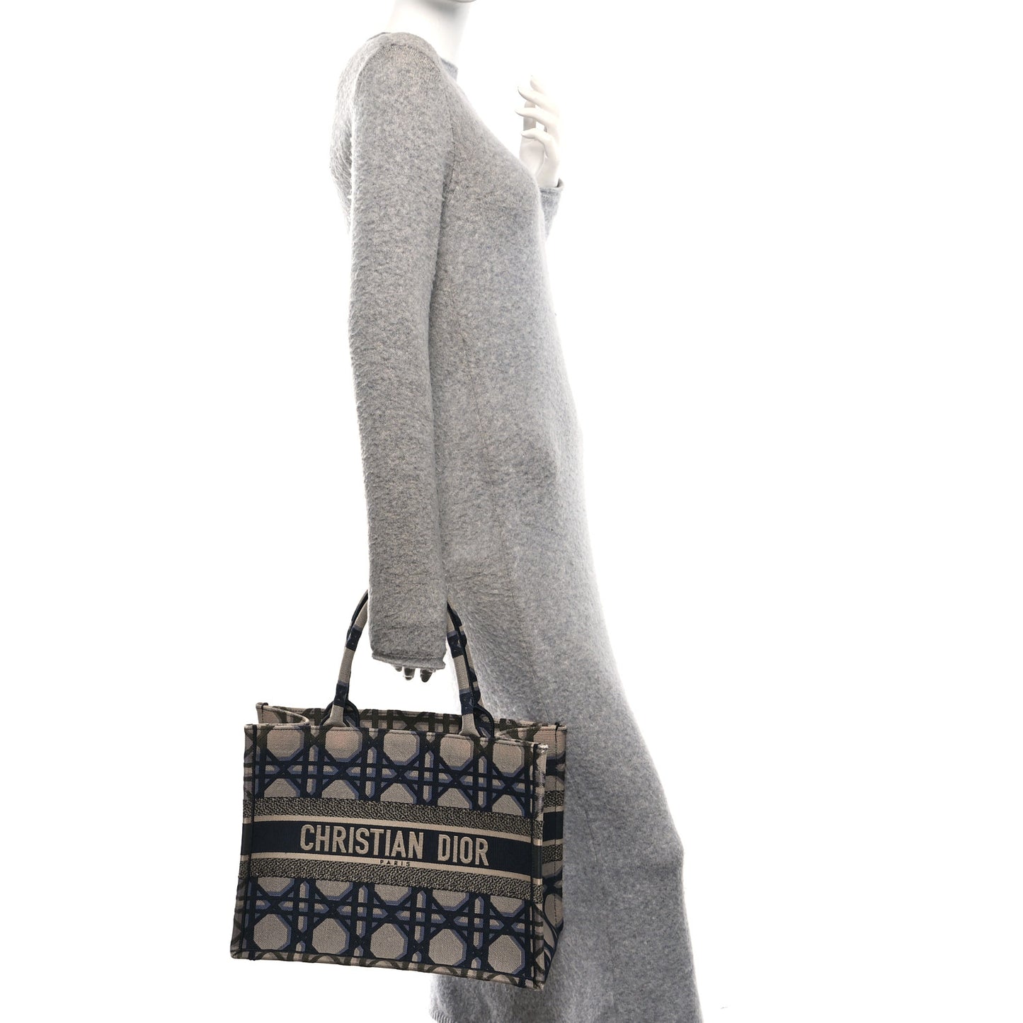 Canvas Macrocannage Embroidered Medium Book Tote Beige Blue