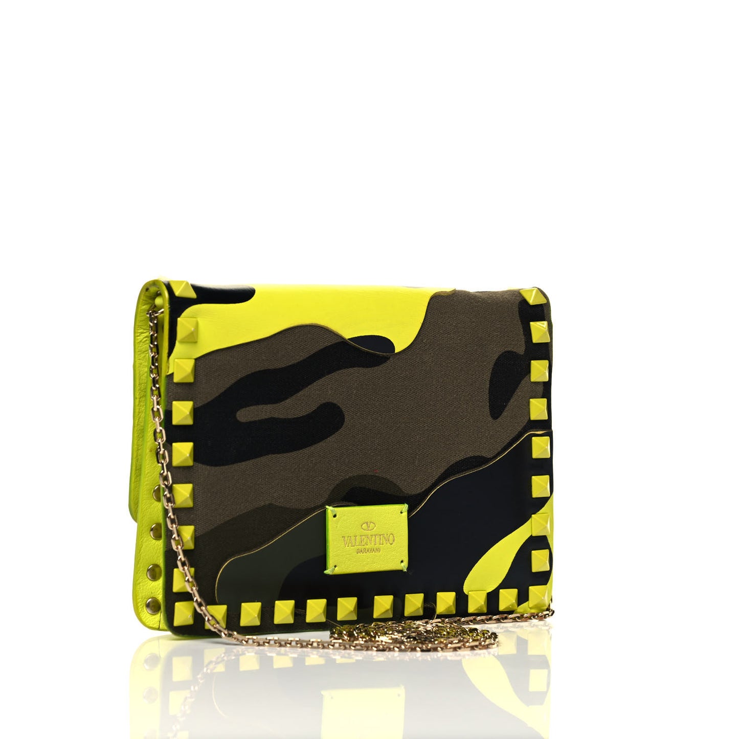 Nappa Canvas Camouflage Rockstud Chain Flap Crossbody Bag Fluo Yellow Multicolor