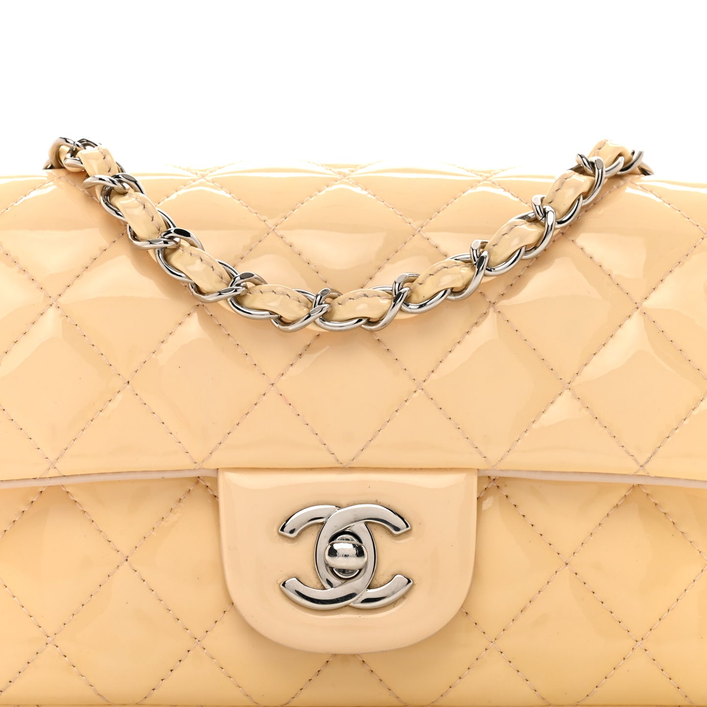 Patent Calfskin Quilted Mini Rectangular Flap Beige