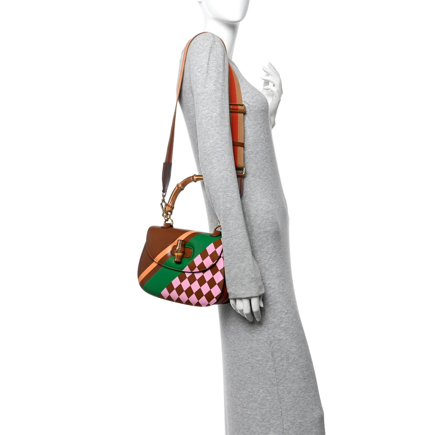 Calfskin Geometric Print Medium Bamboo 1947 Top Handle Bag Brown