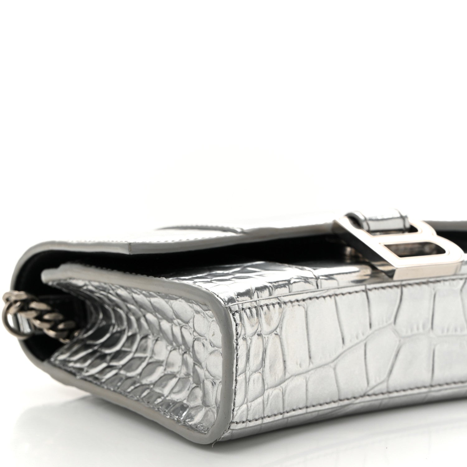 Balenciaga Metallic Calfskin Crocodile Embossed Hourglass Chain Bag Silver 8 of 10