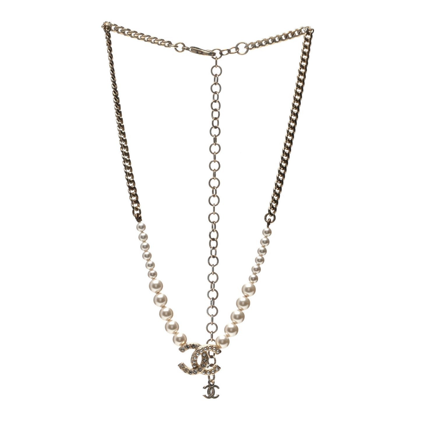 Pearl Crystal CC Necklace Gold
