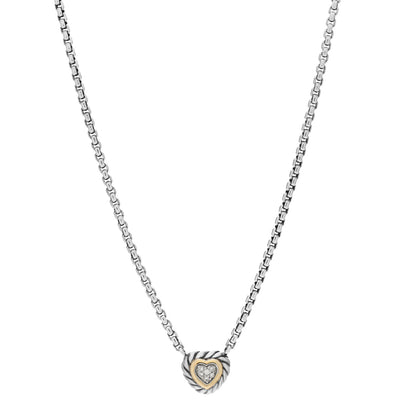 David Yurman Sterling Silver 18K Yellow Gold Diamond Pave Cable Heart Pendant Necklace 1 of 3
