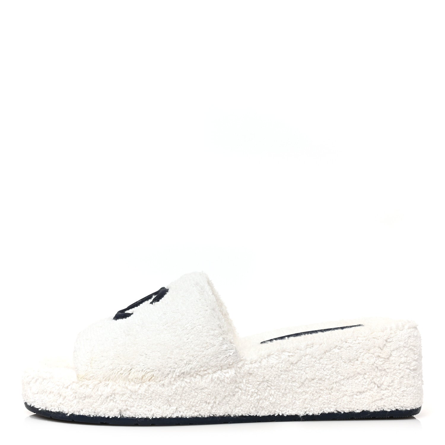 Chanel Terry CC Flat Mules Sandals 38 White Navy 1 of 16