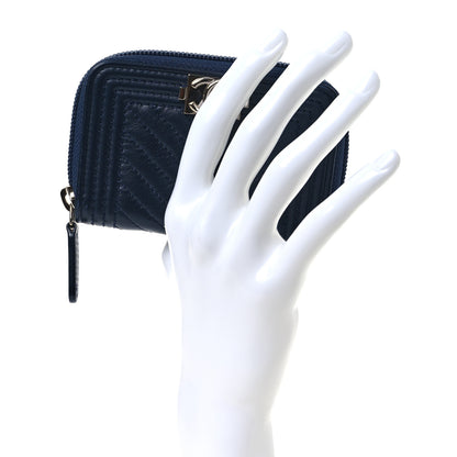 Chanel Calfskin Chevron Quilted Zip Around Boy Coin Purse Navy Blue 2 of 11