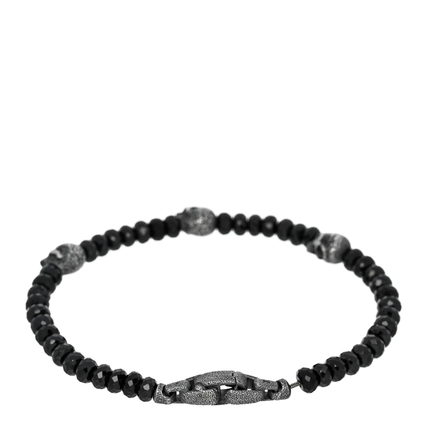 Sterling Silver Black Spinel 5mm Spiritual Beads Skull Station Bracelet