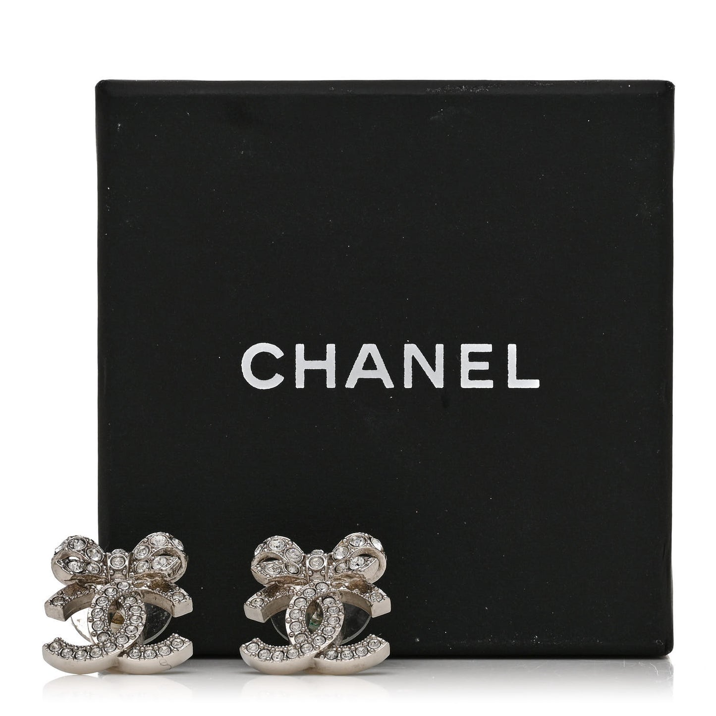 Crystal CC Bow Dangle Earrings Silver