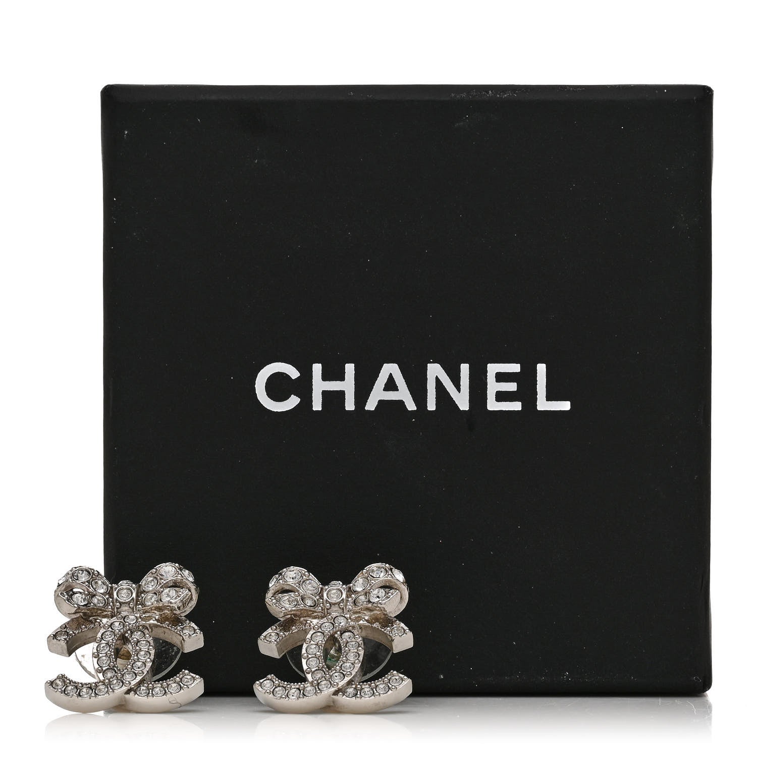 Chanel Crystal CC Bow Dangle Earrings Silver 5 of 5