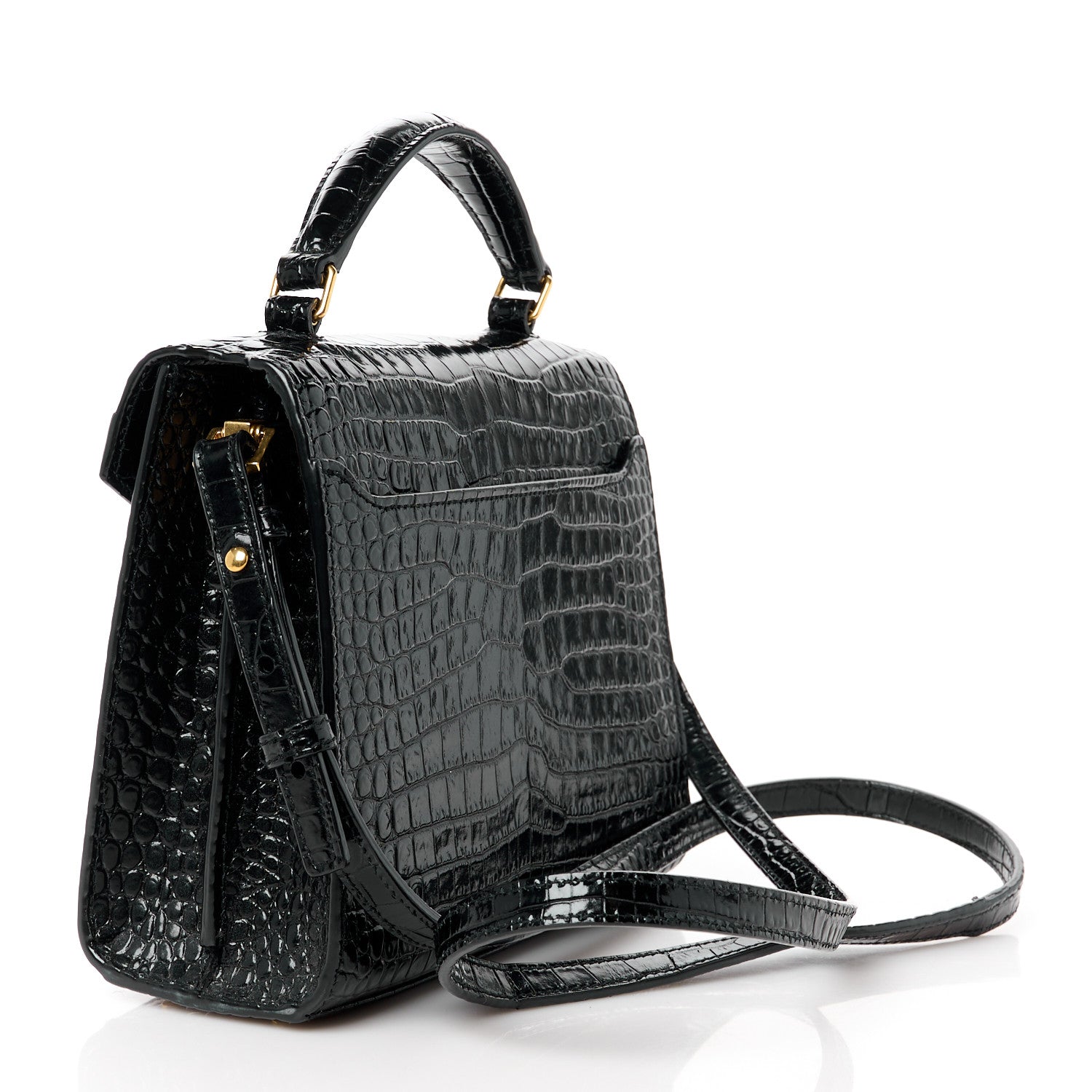 Saint Laurent Calfskin Crocodile Embossed Mini Classic Monogram Cassandra Top Handle Black 3 of 11