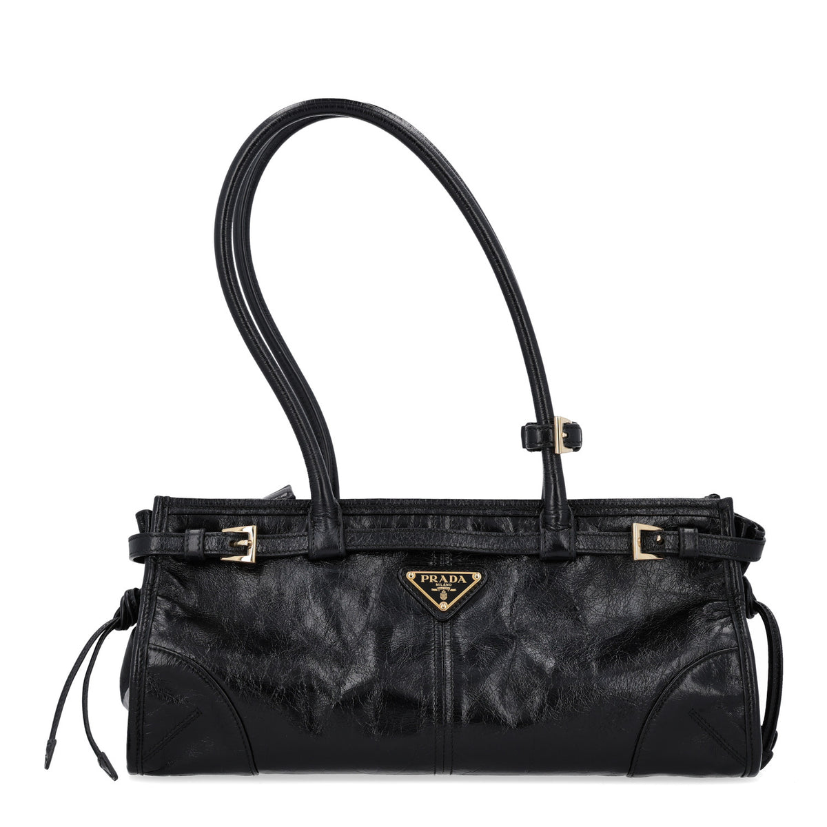Glossy Calfskin Triangle Medium Bonnie Shoulder Bag Black