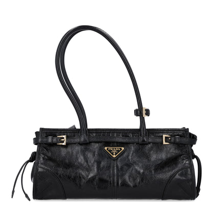Prada Glossy Calfskin Triangle Medium Bonnie Shoulder Bag Black 1 of 12