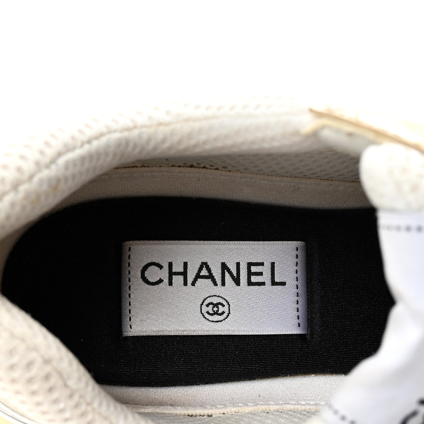 Fabric Laminated Calfskin Stretch CC Womens Sneakers 40 White Gold Silver