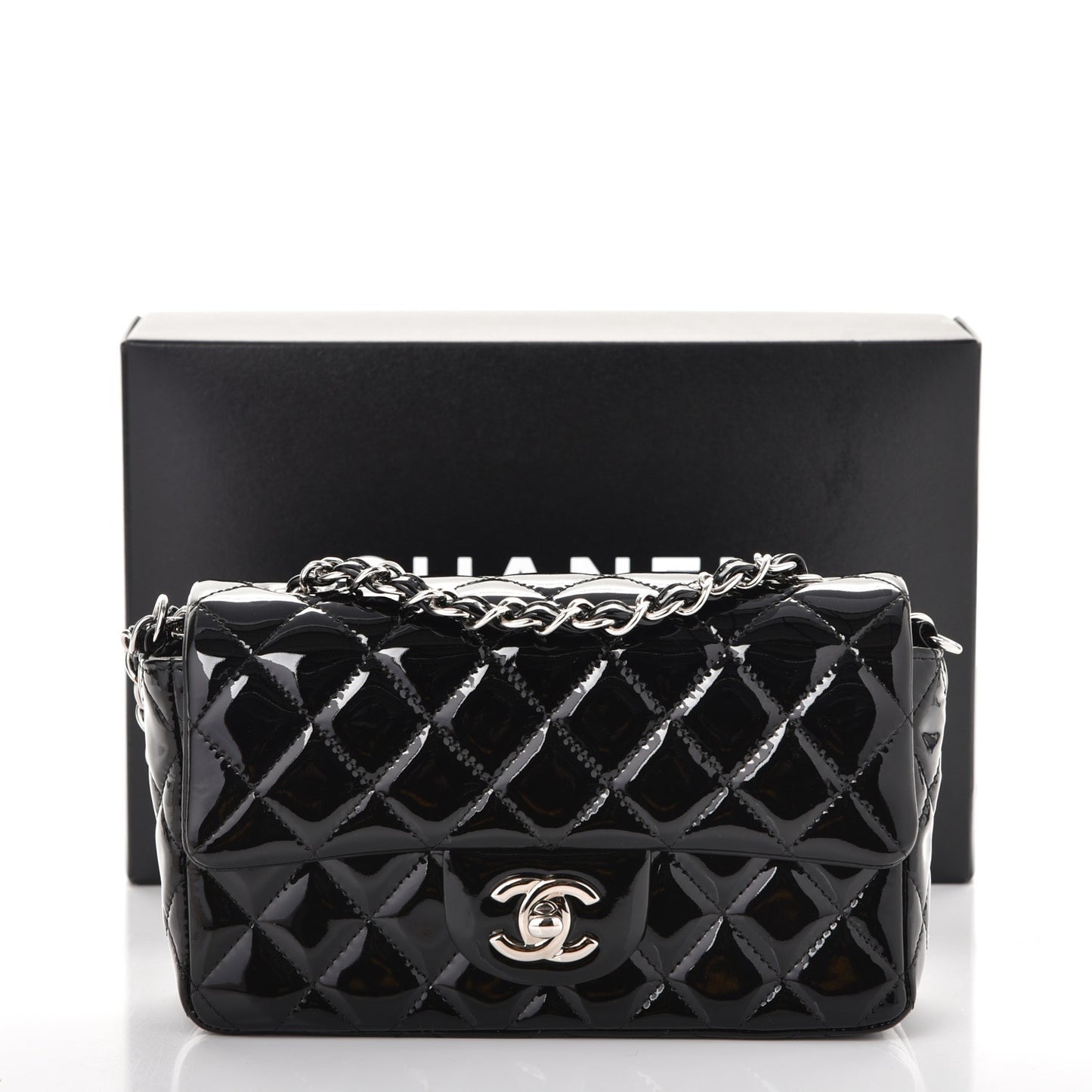 Patent Calfskin Quilted Mini Rectangular Flap Black
