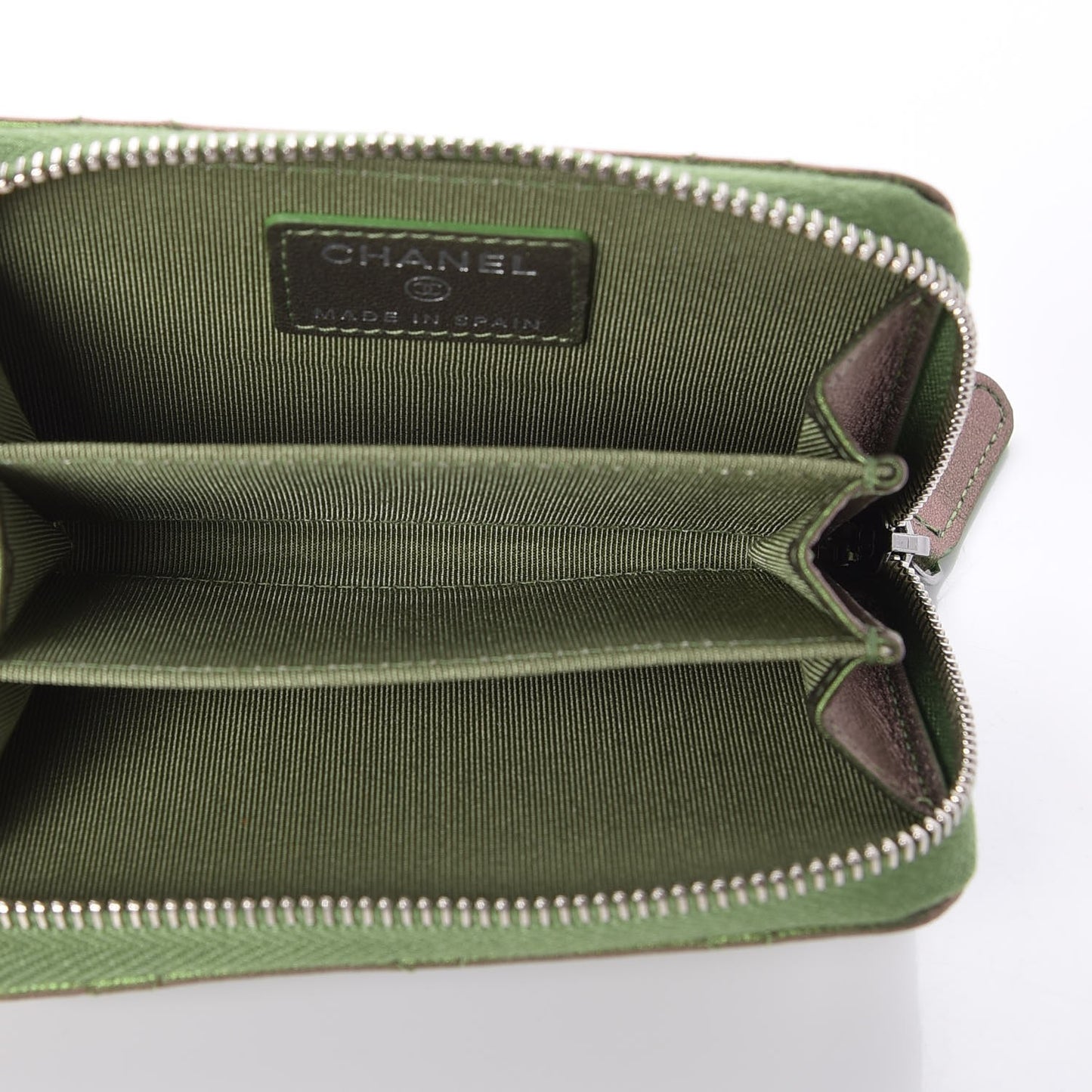Metallic Lambskin Quilted Zip Around Coin Purse Wallet Green