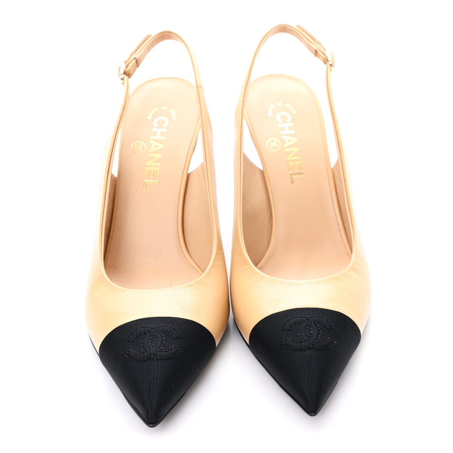 Goatskin Grosgrain Pointed Cap Toe CC Slingback Pumps 39 Beige Black