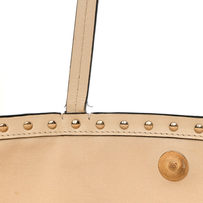Valentino Garavani Metallic Boucle Raffia Calfskin Rockstud Shoulder Tote White Gold Ivory 13 of 15