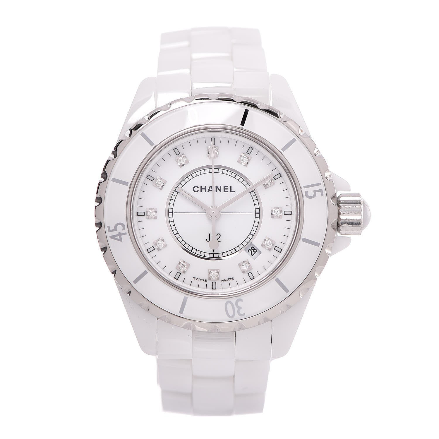 Chanel Stainless Steel Ceramic Diamond 33mm J12 Quartz Watch White 1 of 8