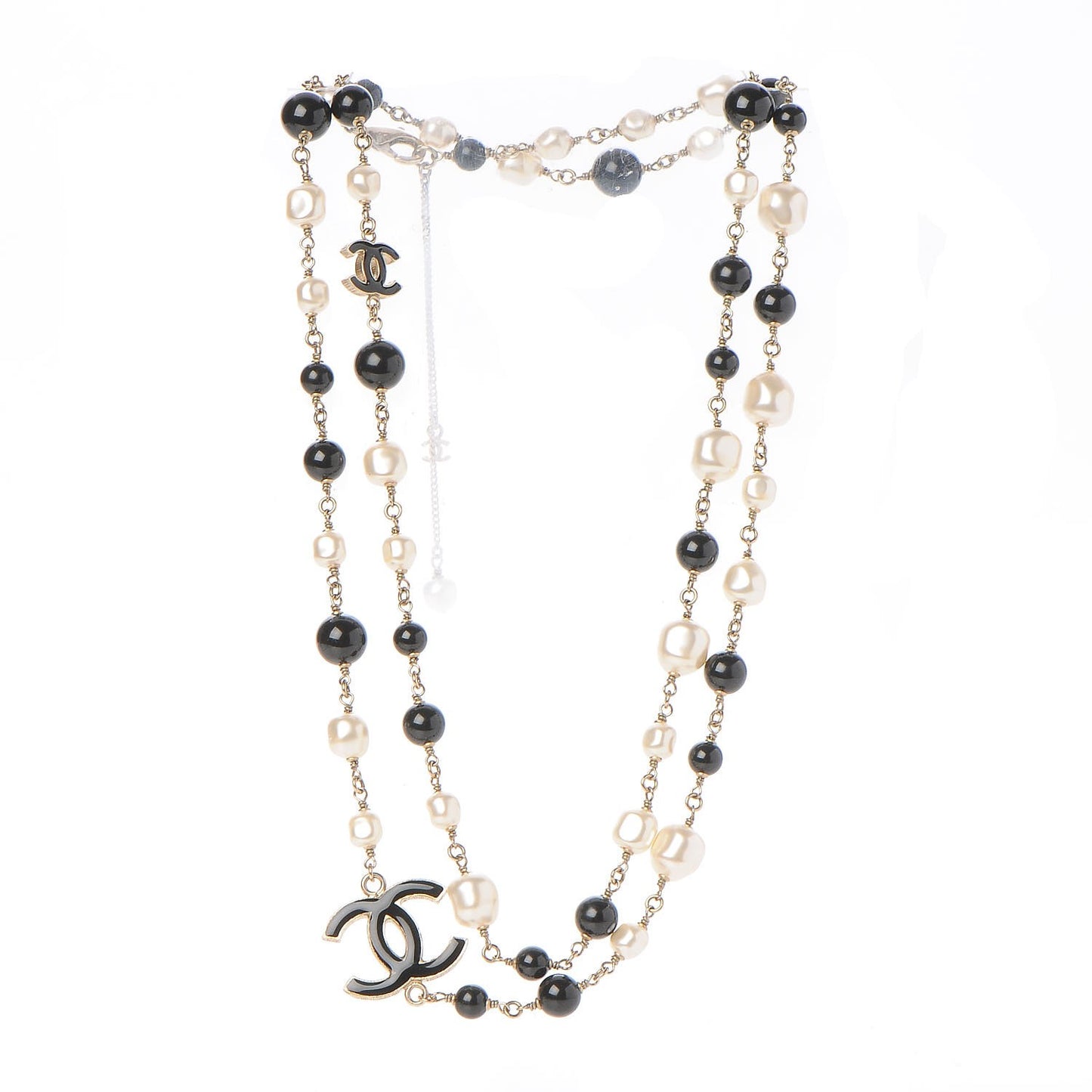 Pearl Bead Enamel CC Long Necklace Black Gold
