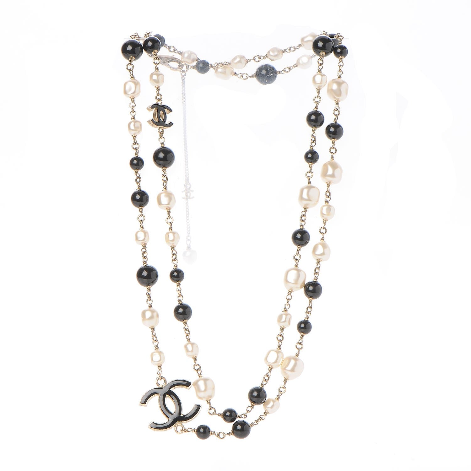 Chanel Pearl Bead Enamel CC Long Necklace Black Gold 3 of 7
