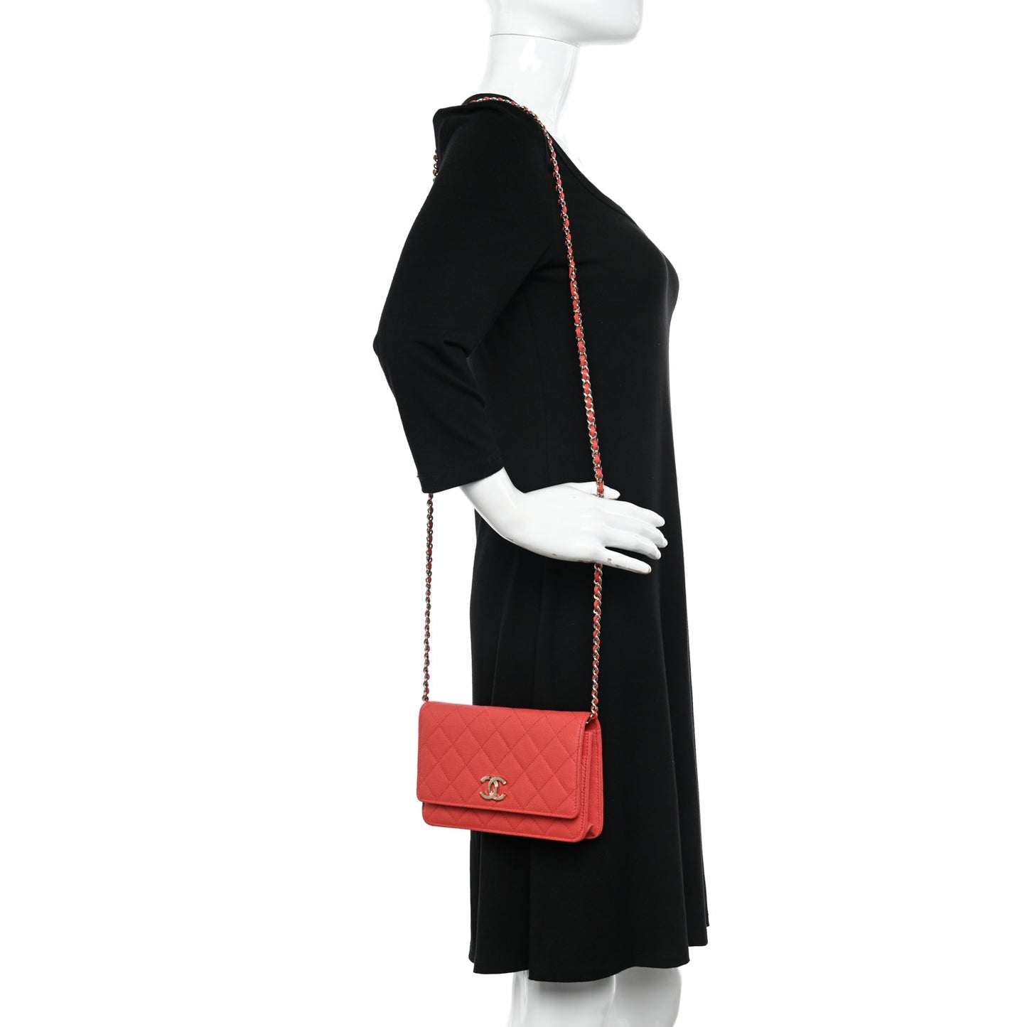 Caviar Quilted Textured CC Wallet On Chain WOC Coral