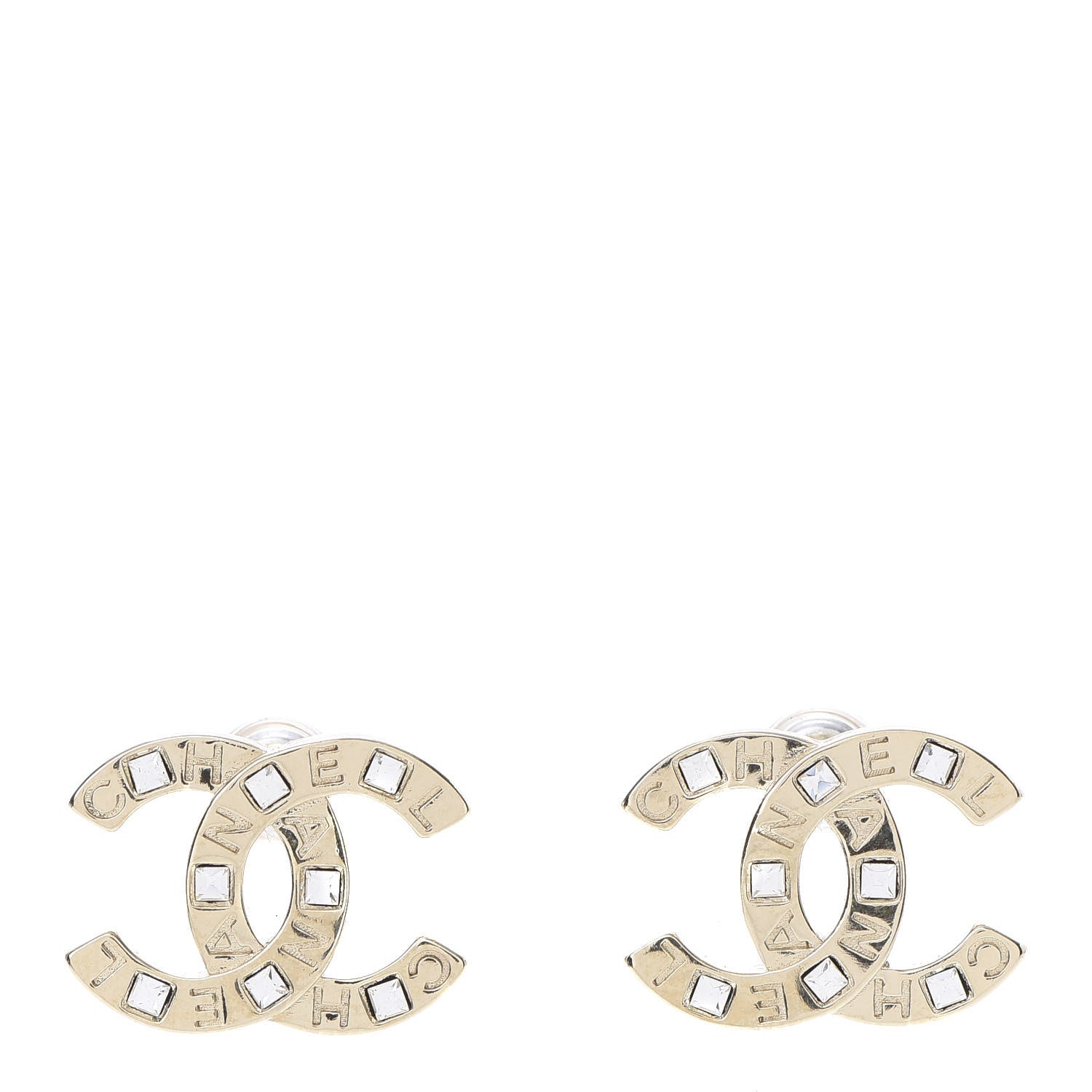 Chanel Crystal Metal CC Paris Button Stud Earrings Gold 1 of 5