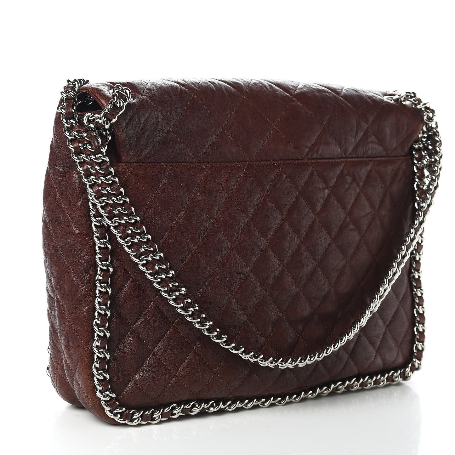Crumpled Lambskin Quilted Maxi Chain Around Flap Dark Brown