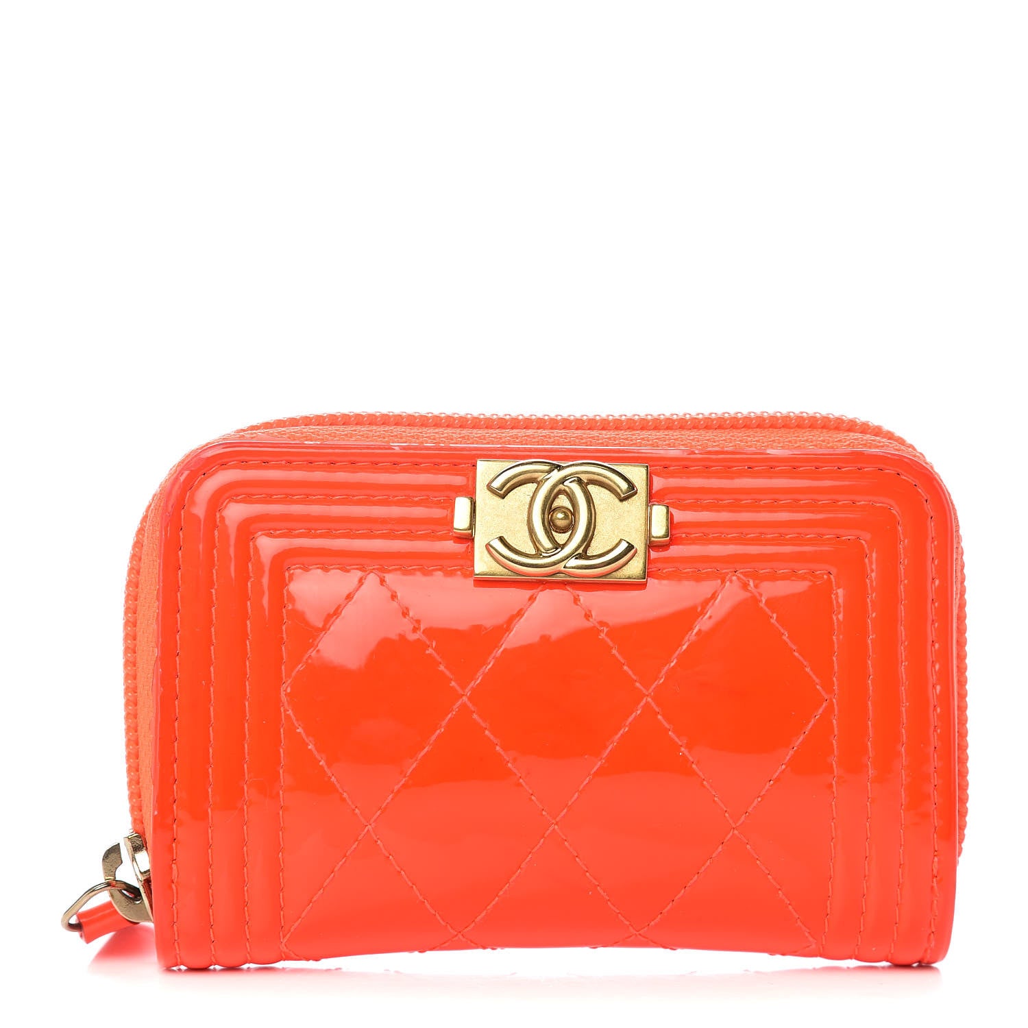 Chanel Patent Quilted Boy Zip Around Coin Purse Wallet Orange 1 of 15
