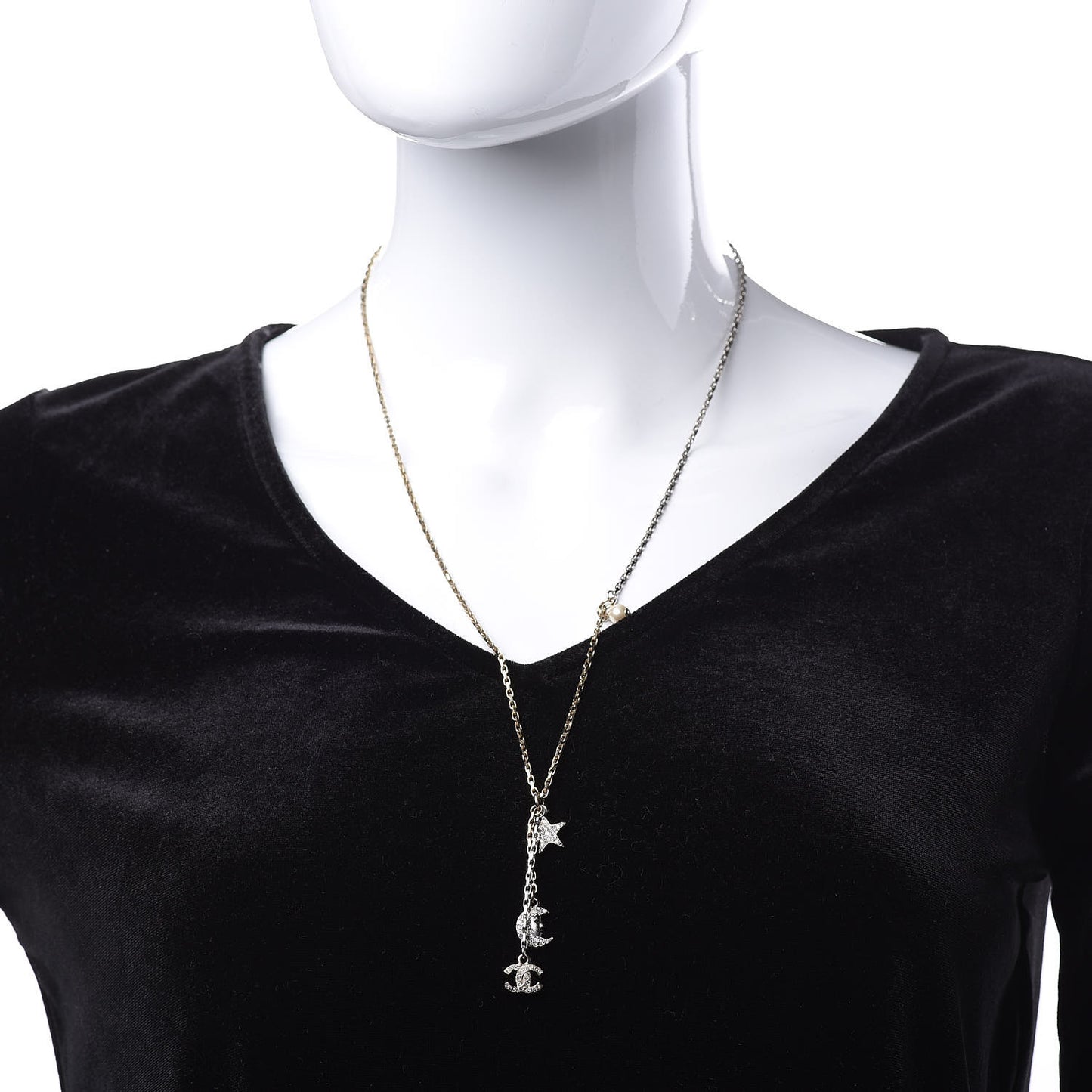 Crystal Pearl CC Moon Star Drop Necklace Gold