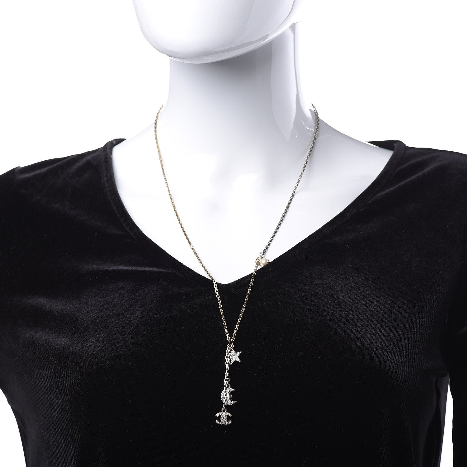 Chanel Crystal Pearl CC Moon Star Drop Necklace Gold 2 of 5