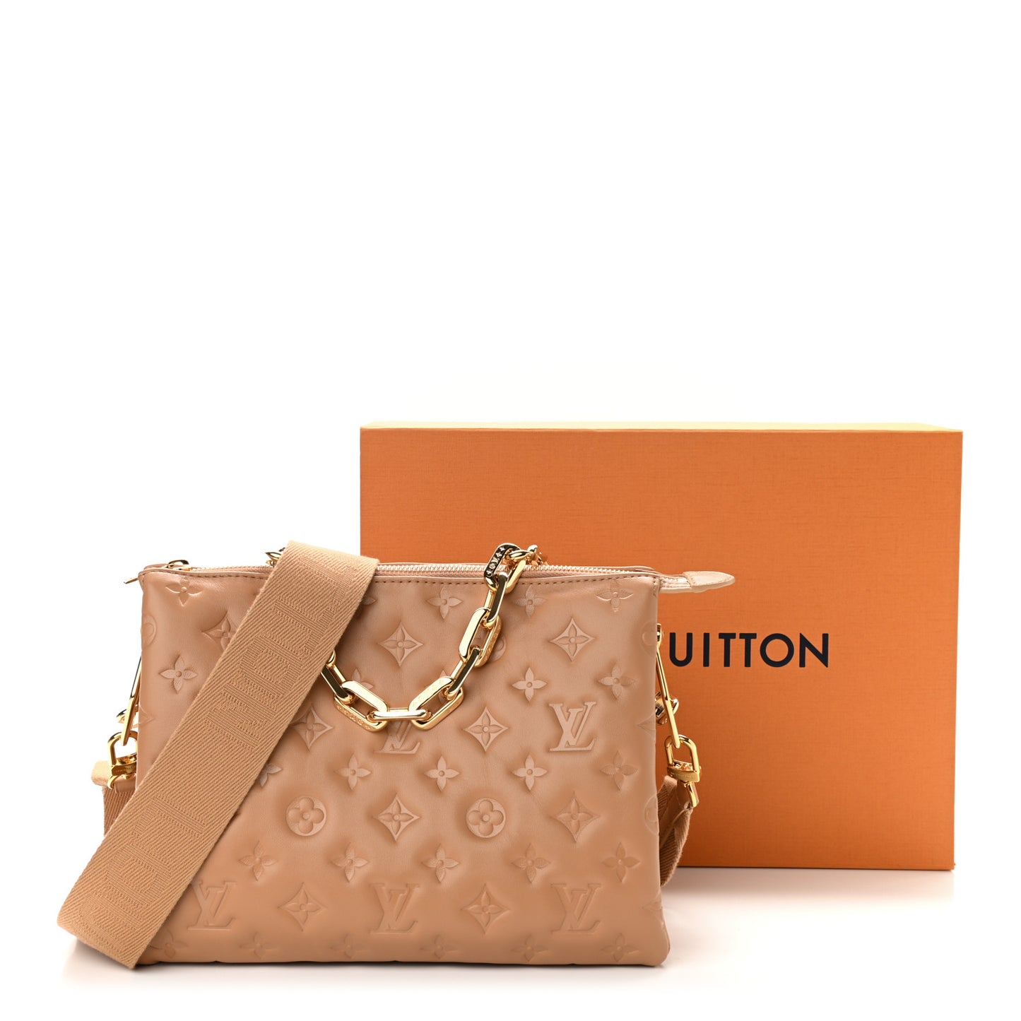 Lambskin Embossed Monogram Coussin PM Camel