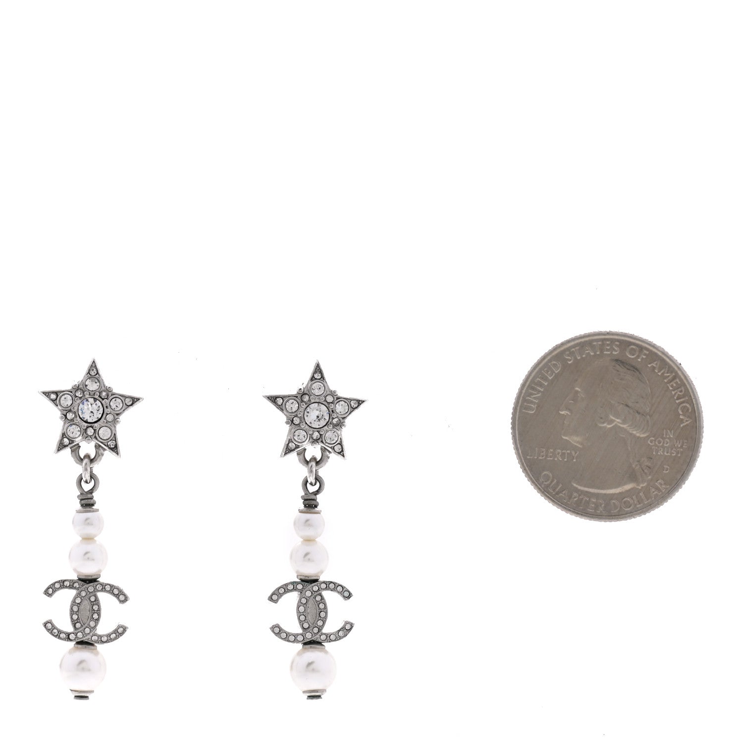Chanel Crystal Pearl CC Star Drop Earrings Silver 2 of 5