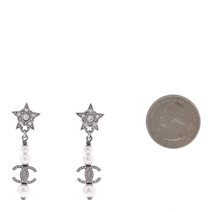 Chanel Crystal Pearl CC Star Drop Earrings Silver 2 of 5