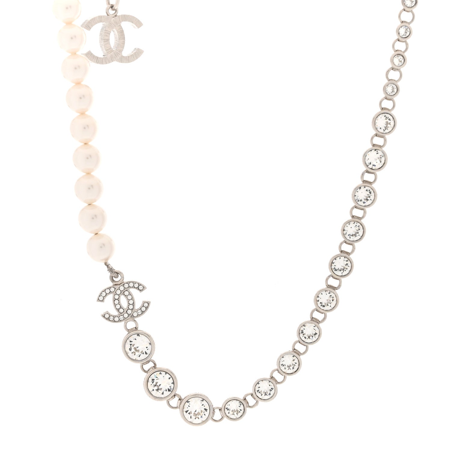 Chanel Pearl Crystal CC Choker Necklace Silver Pearly White 1 of 5