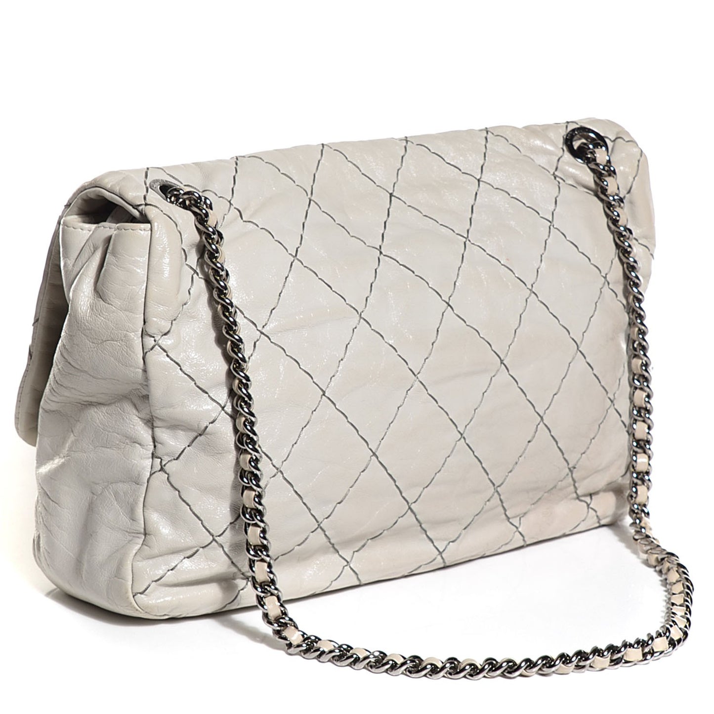 Glazed Goatskin Double Stitch Maxi Flap Light Grey
