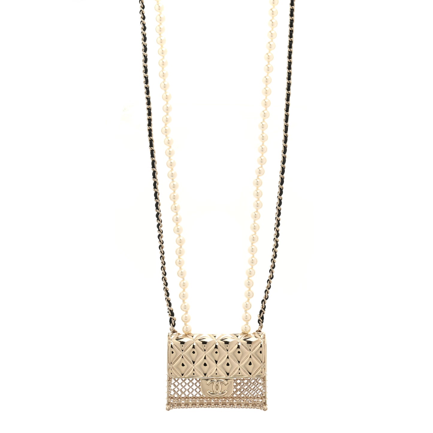 Metal Lambskin Pearl Chain Flap Bag Long Necklace Gold Black Pearly White