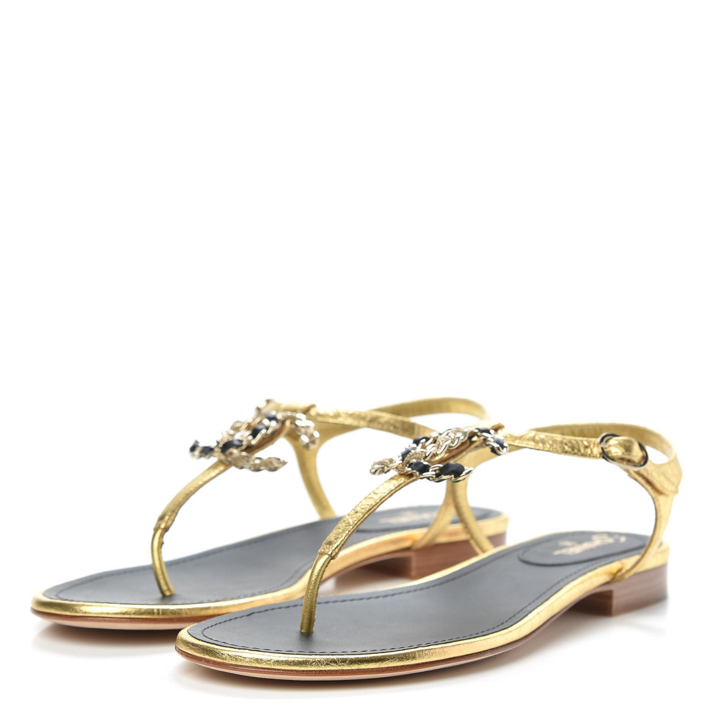Aged Metallic Calfskin CC Chain Thong Sandals 37.5 Gold
